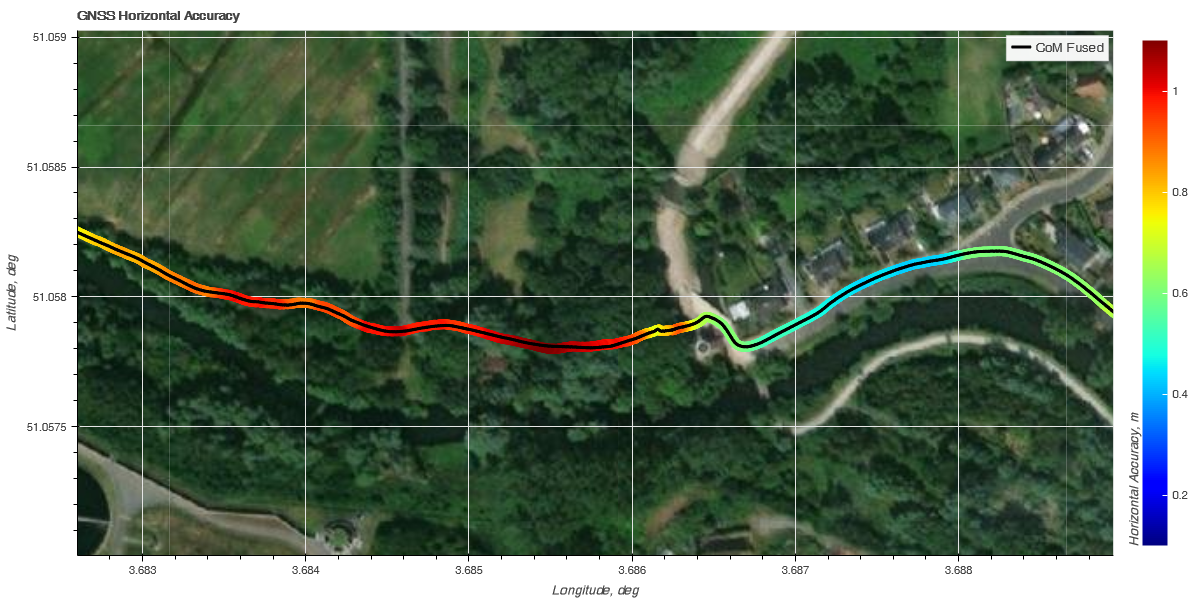 Zoomed-in view of the suburbs and forest with color-coded horizontal accuracy and the fused trajectory in black